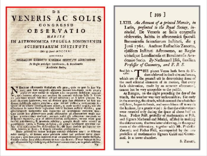 De Veneris ac Solis congressu. Observatio habita in astronomica specula Bononiensis Scientiarum Instituti die 5 Junii 1761.