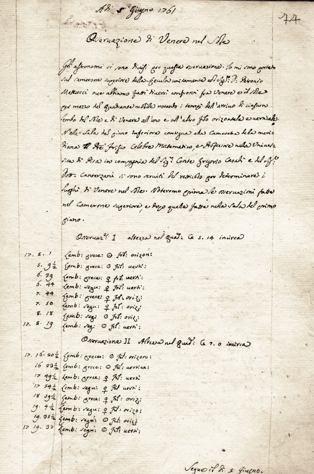 Logbooks of the Bologna astronomical Observatory for the year 1761.