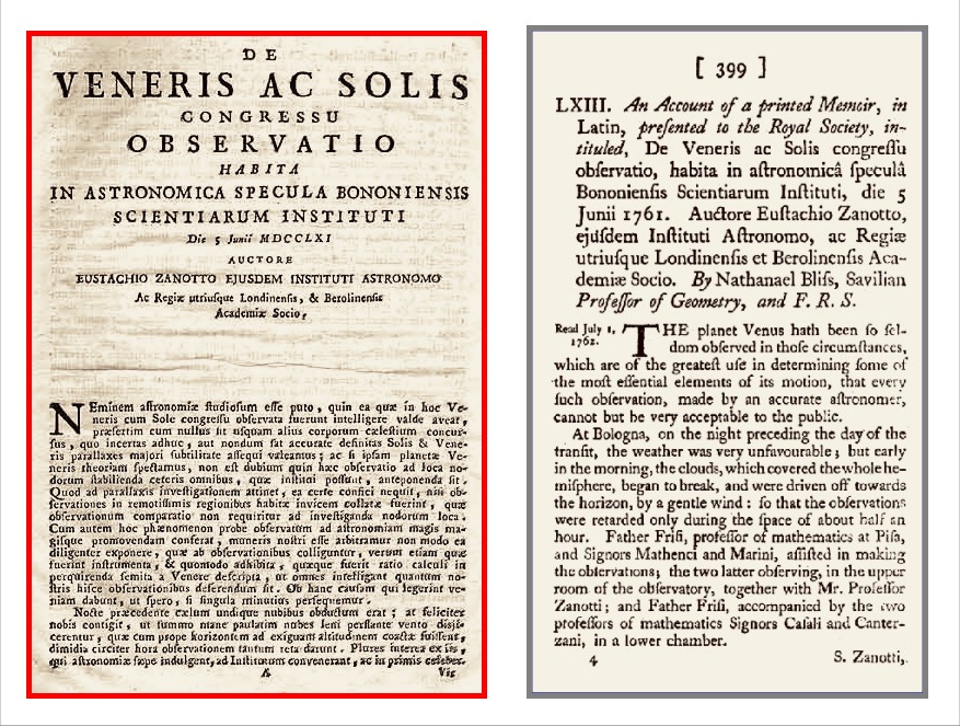 De Veneris ac Solis congressu. Observatio habita in astronomica specula Bononiensis Scientiarum Instituti die 5 Junii 1761.