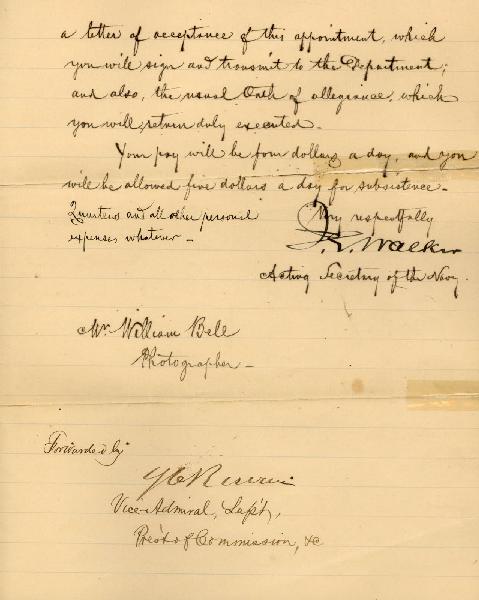 William Bell's Letter of Appointment as Transit of Venus Photographer for the U.S. Navy, August 21, 1882 - page 2