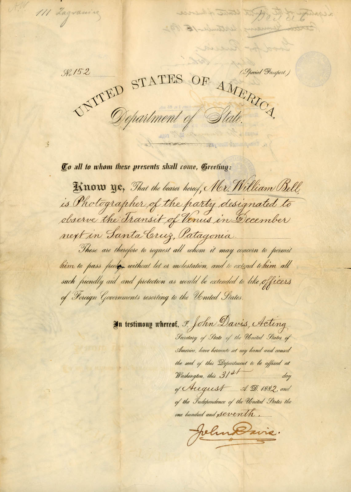 William Bell's Department to State Introduction, August 31, 1882 - front of document