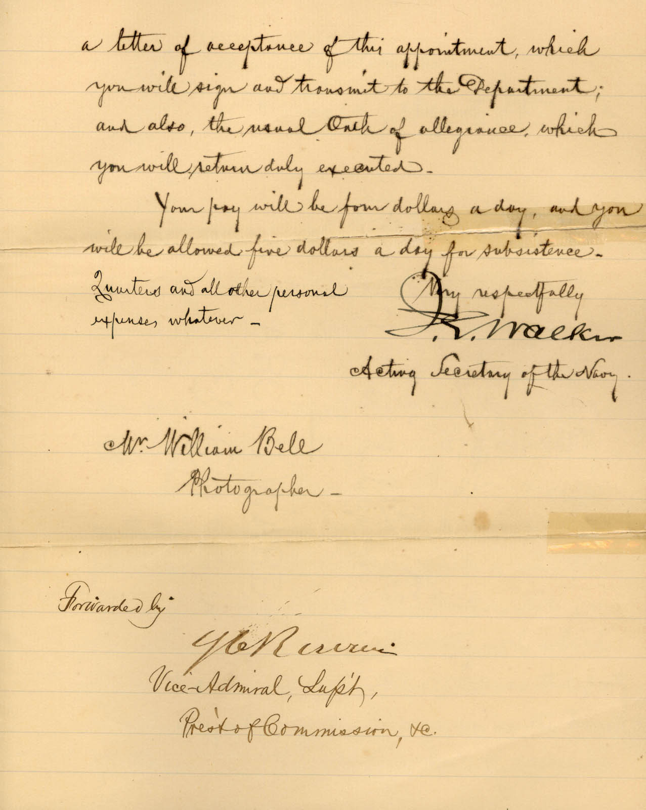William Bell's Letter of Appointment as Transit of Venus Photographer for the U.S. Navy, August 21, 1882 - page 2